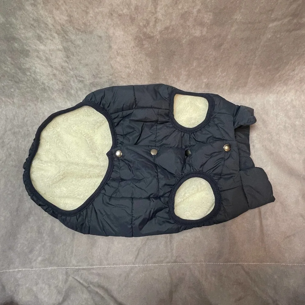 Dog Pet Jacket‎ Size XL Nylon Snap Closure Blue Cream Faux Fur Lining
